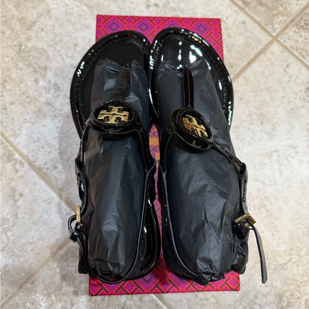 Tory Burch Black and Gold Sandals with Glossy Finish